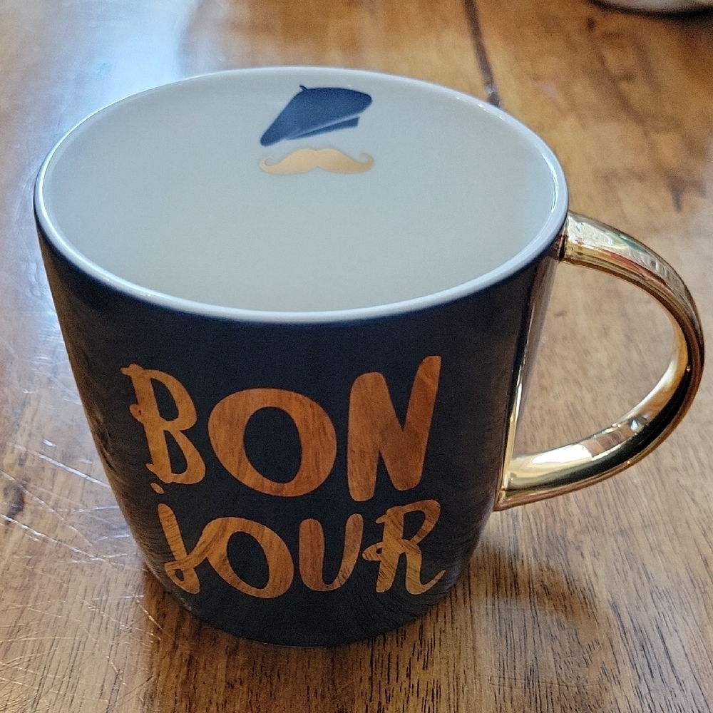 Slant French "Bon Jour" Navy Blue & Gold Coffee Mug